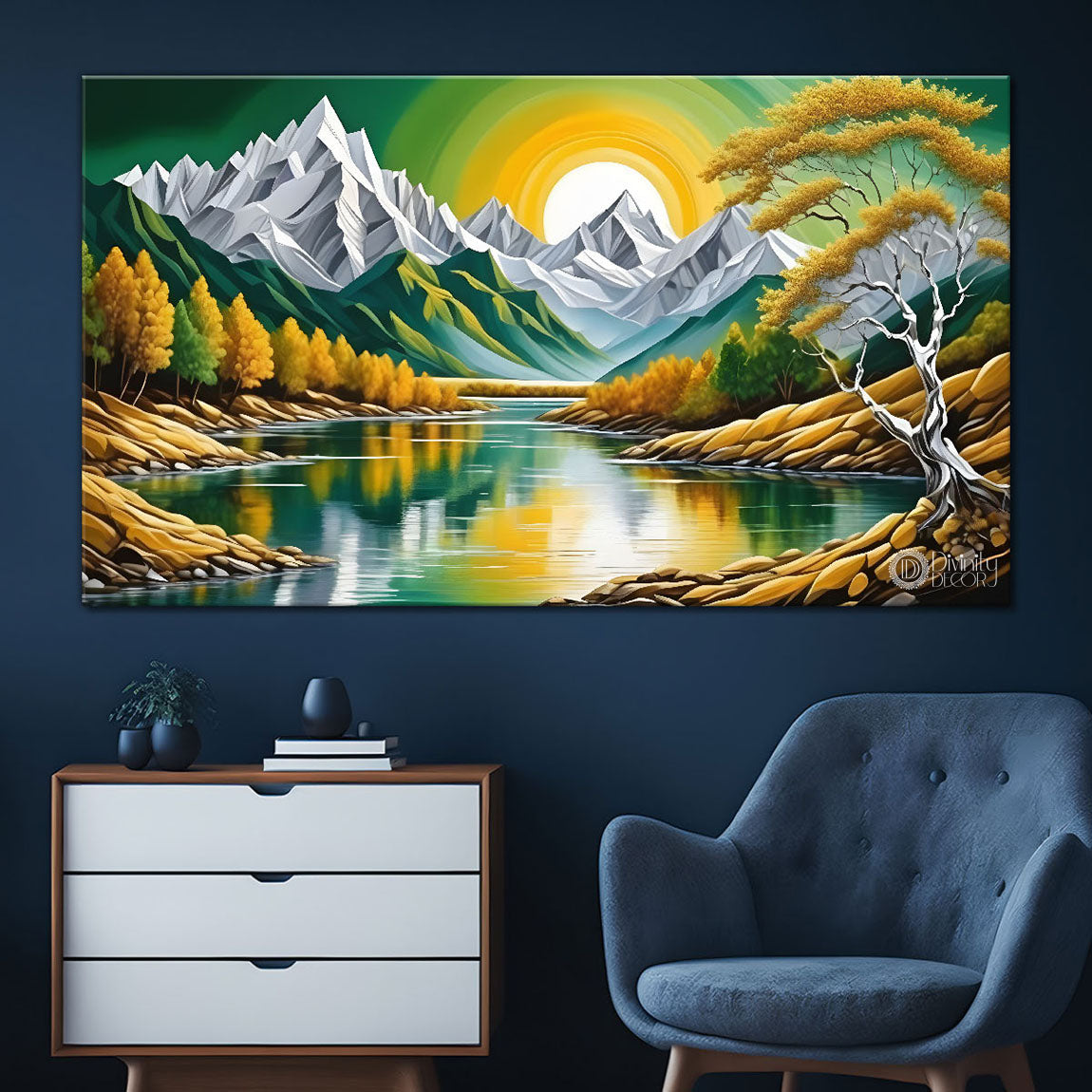 Mountains with sun and river painting Canvas Painting - Nature Art -468