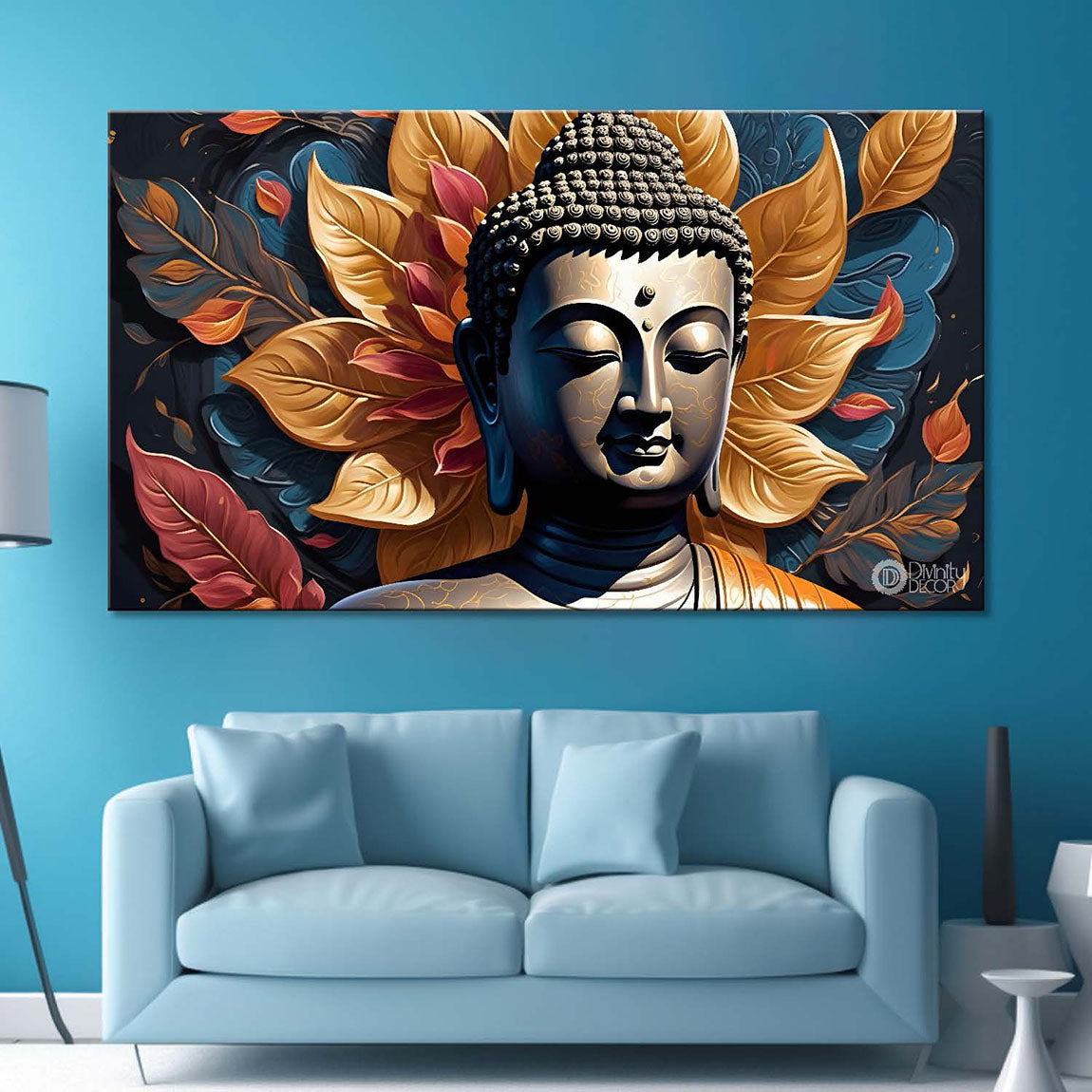 Golden buddha with the golden leaves background textured painting Canvas Wall Painting - Buddha-469