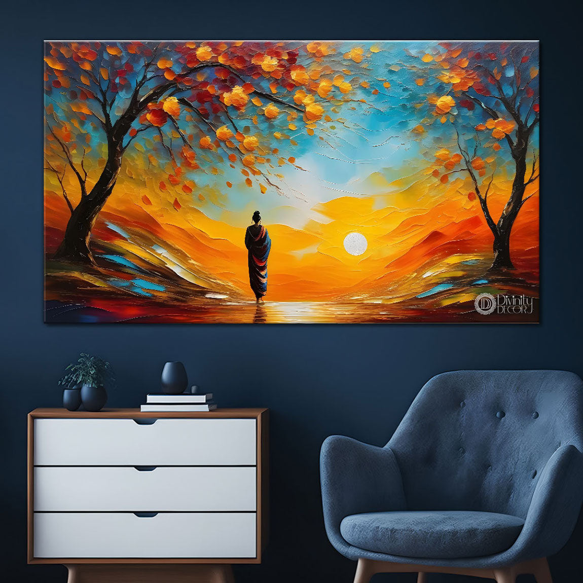 Trees and a man in sunset painting Canvas Painting - Nature Art -469