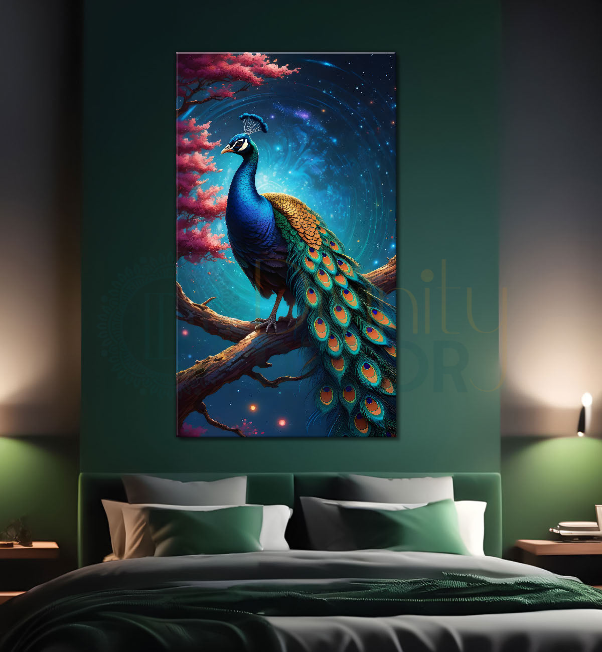Peacock on branch with aqua background modern art painting   - Design - Peacock-V-46