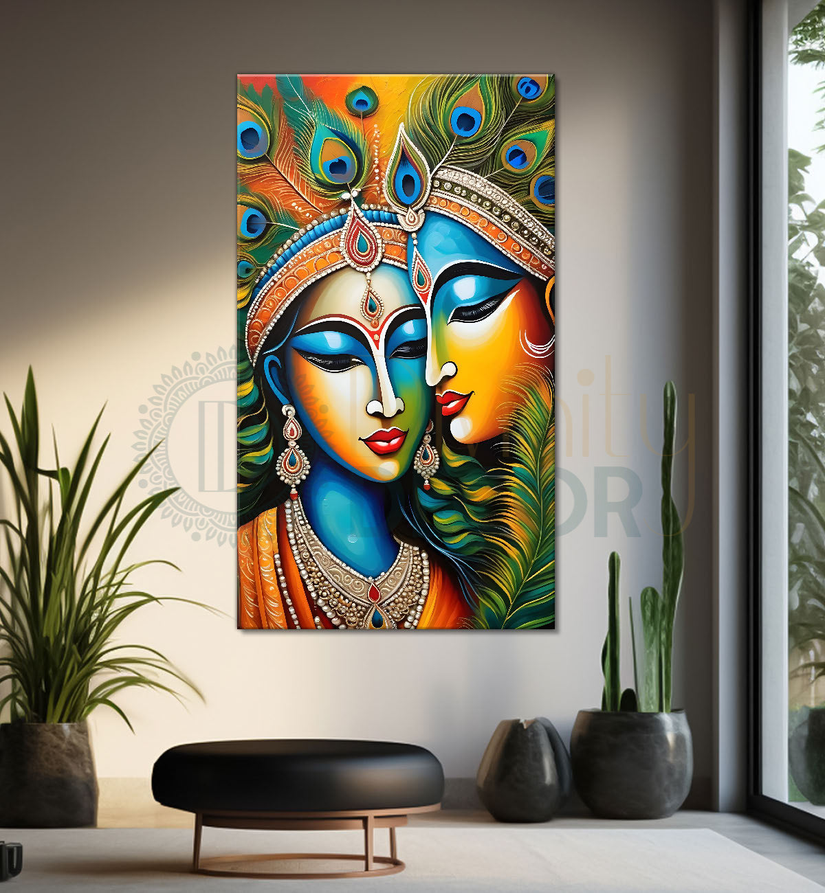 Blue face of krishna with radha in bright background textured art Canvas Painting - Design - Krishna-V-46