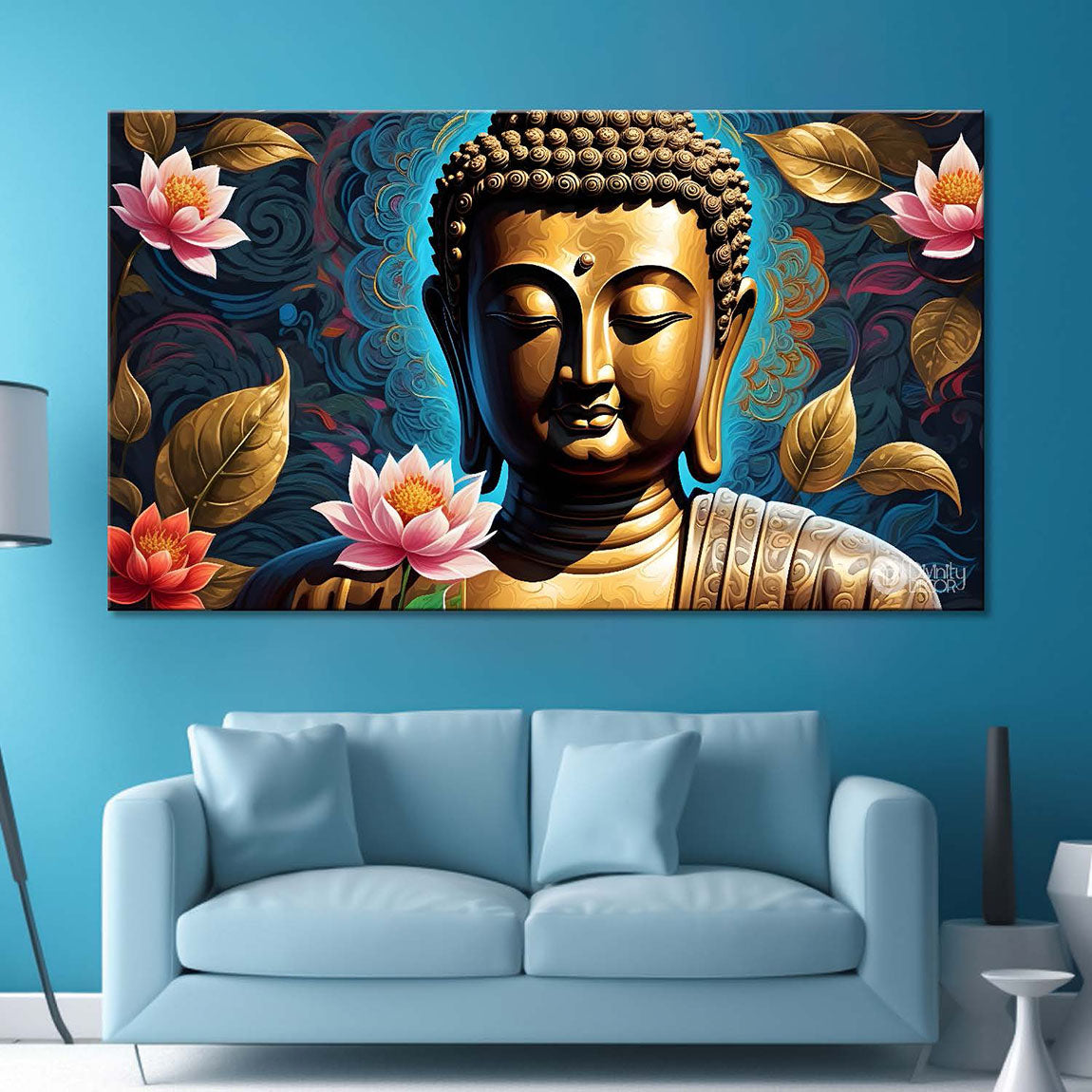 Golden buddha with the beautiful flowers background textured painting Canvas Wall Painting - Buddha-470