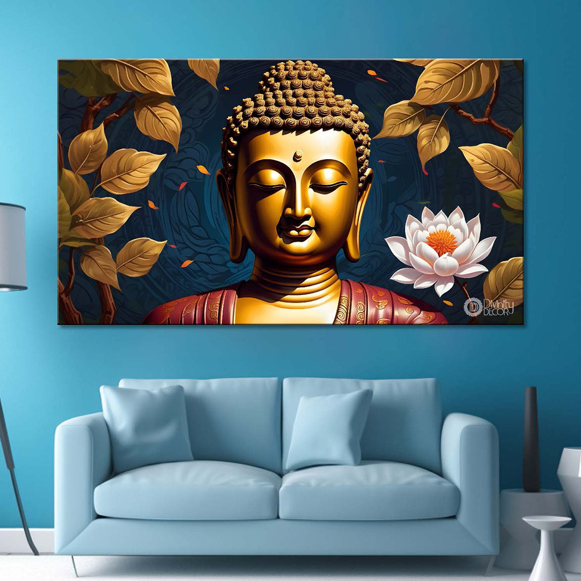 Golden buddha with the beautiful flowers background textured painting Canvas Wall Painting - Buddha-471