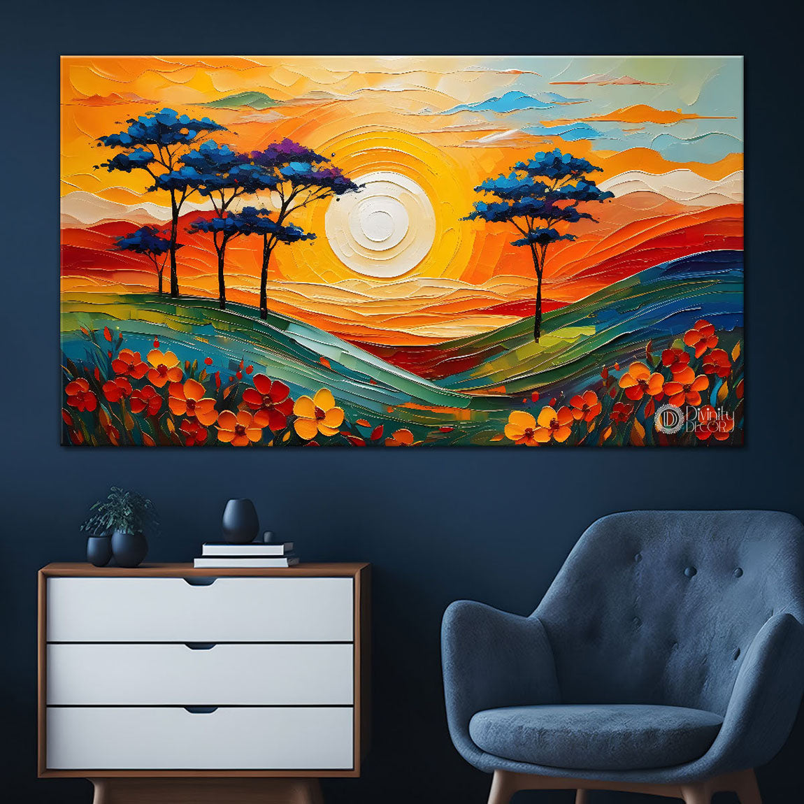 Mountains with trees and flowers painting Canvas Painting - Nature Art -471