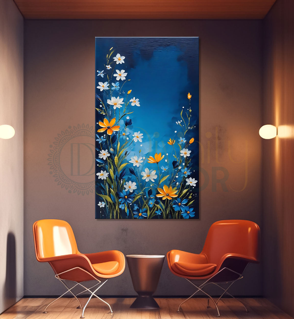 White flowers in blue textured painting- Flower-V-471