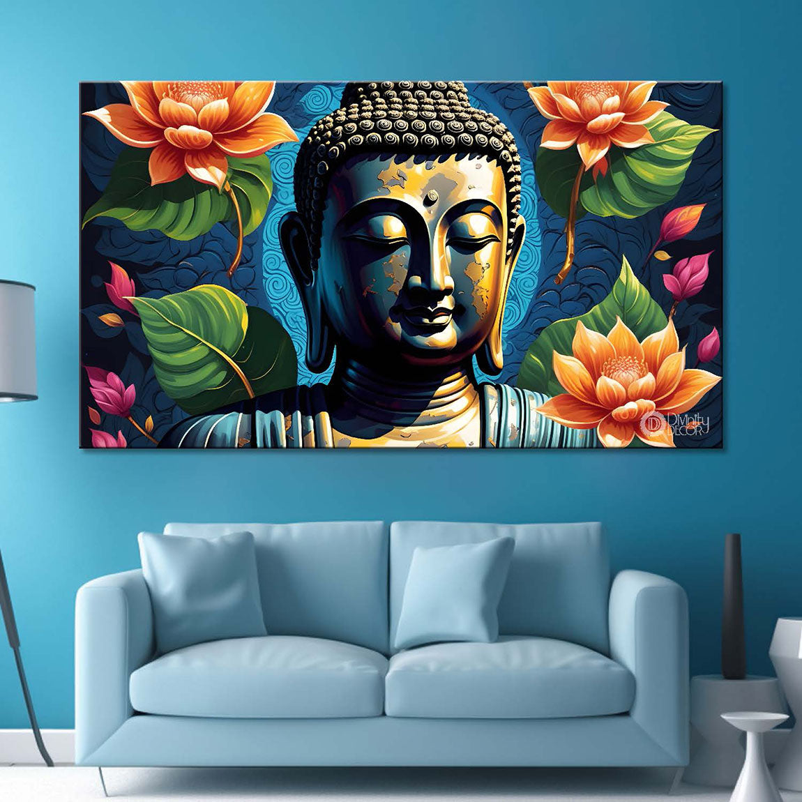 Golden buddha with the beautiful flowers background textured painting Canvas Wall Painting - Buddha-472