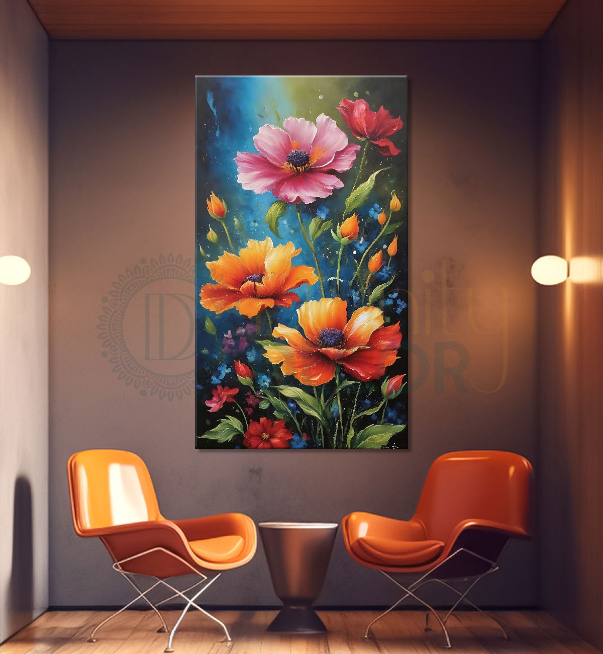 Orange and pink flowers in blue textured background painting- Flower-V-472