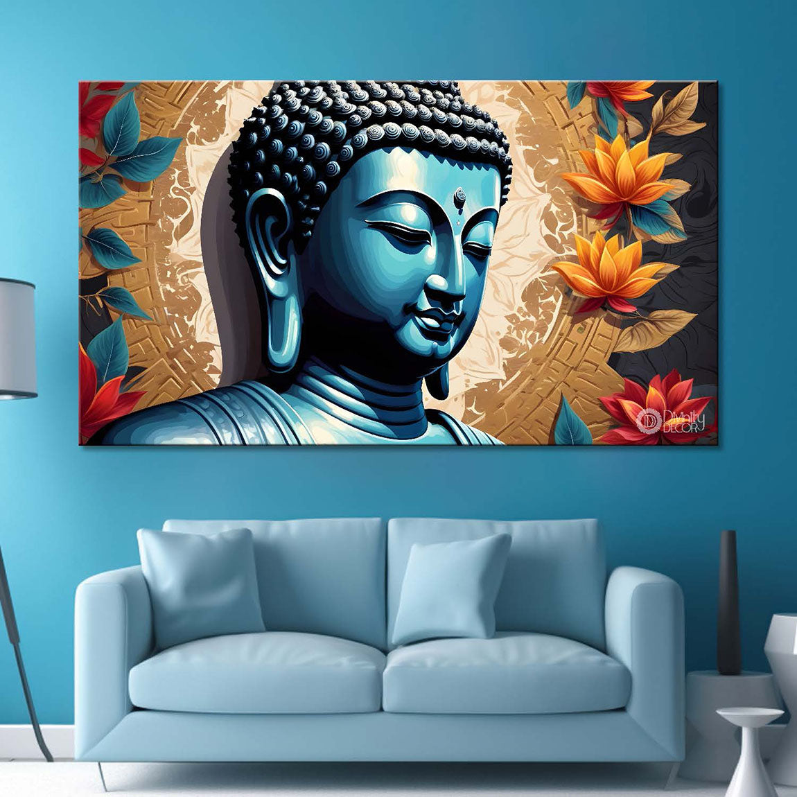 Blue buddha with the beautiful flowers background textured painting Canvas Wall Painting - Buddha-473