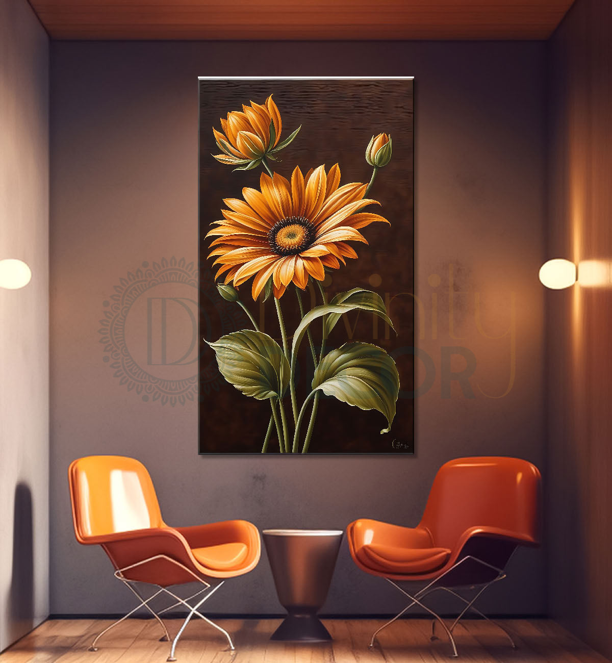 Yellow flowers in brown textured painting- Flower-V-473