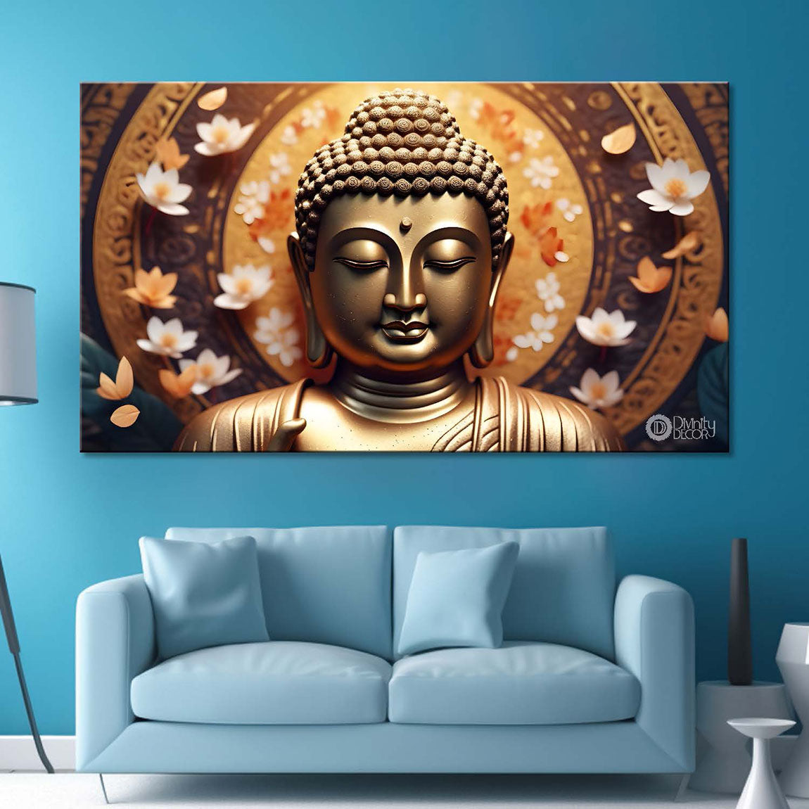 Golden buddha with the beautiful white flowers background textured painting Canvas Wall Painting - Buddha-474