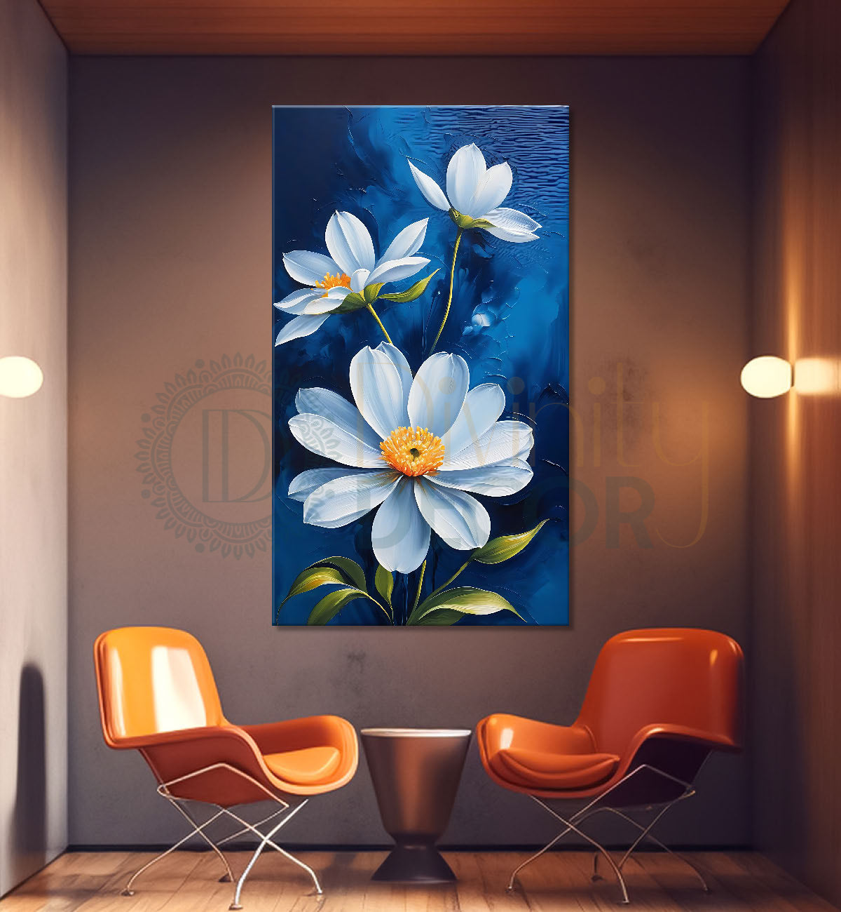 White flowers in navy blue background painting- Flower-V-474