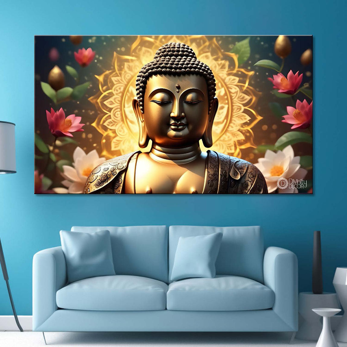 Golden buddha with the beautiful flowers background textured painting Canvas Wall Painting - Buddha-475