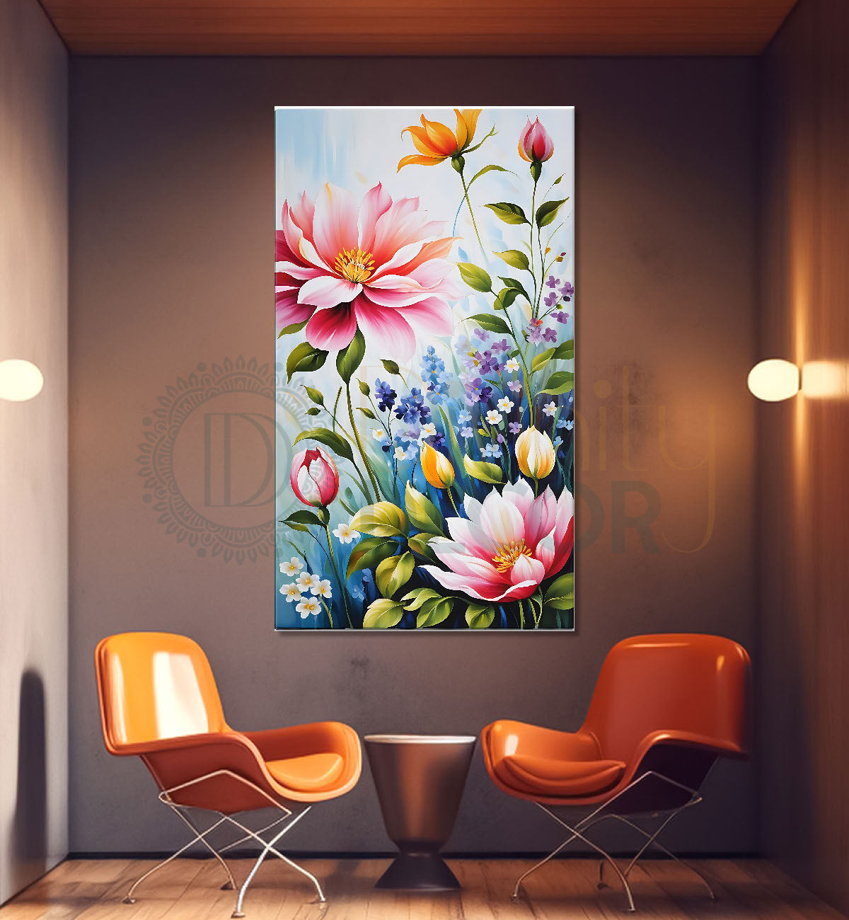 Pink flowers in sky blue textured background painting- Flower-V-475