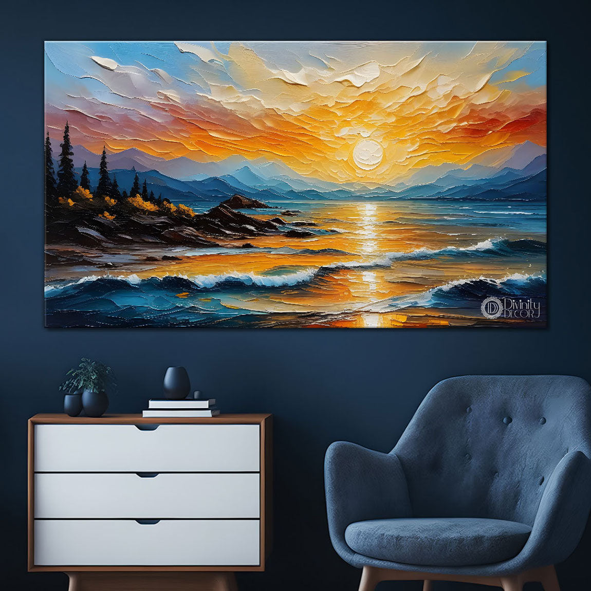 Mountains with river and tree in sunset painting Canvas Painting - Nature Art -475