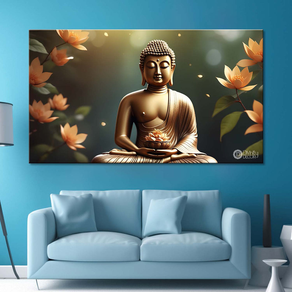 Golden buddha with the beautiful flowers background textured painting Canvas Wall Painting - Buddha-476