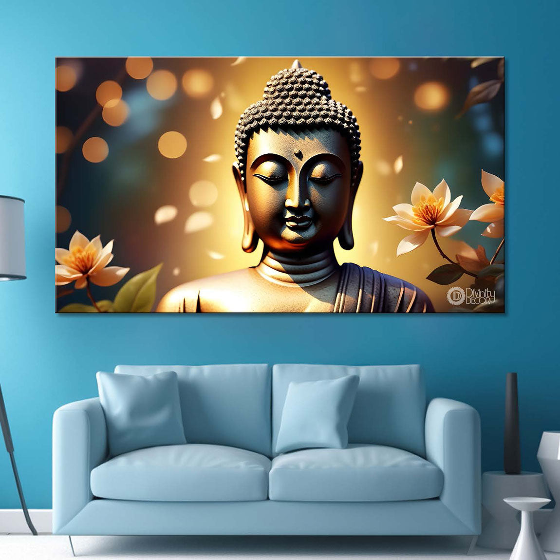 Golden buddha with the beautiful white flowers background textured painting Canvas Wall Painting - Buddha-477