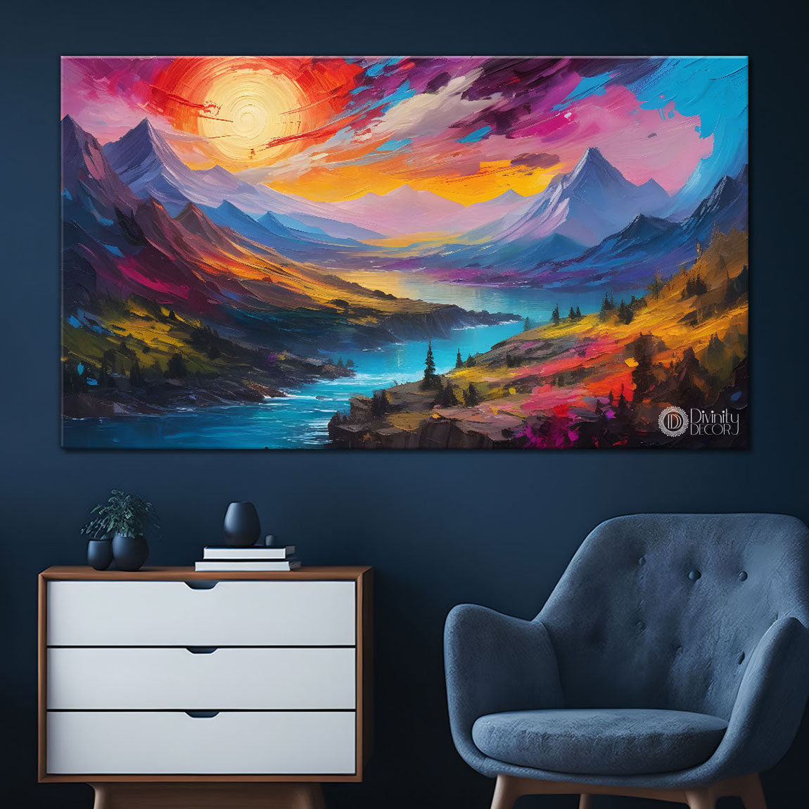 Colorful mountains and sun painting Canvas Painting - Nature Art -477