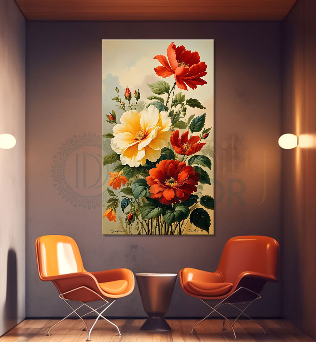 Yellow and red flowers in light textured painting- Flower-V-477