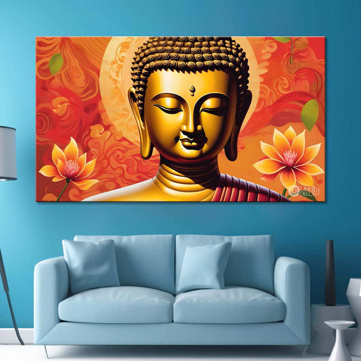 Golden buddha with orange background textured painting Canvas Wall Painting - Buddha-478
