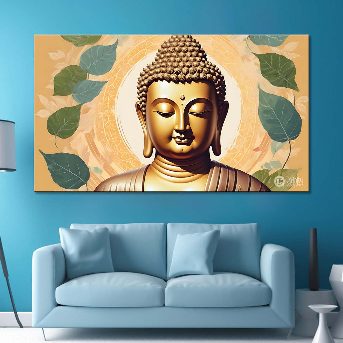 Golden buddha with green leaves and light background textured painting Canvas Wall Painting - Buddha-479