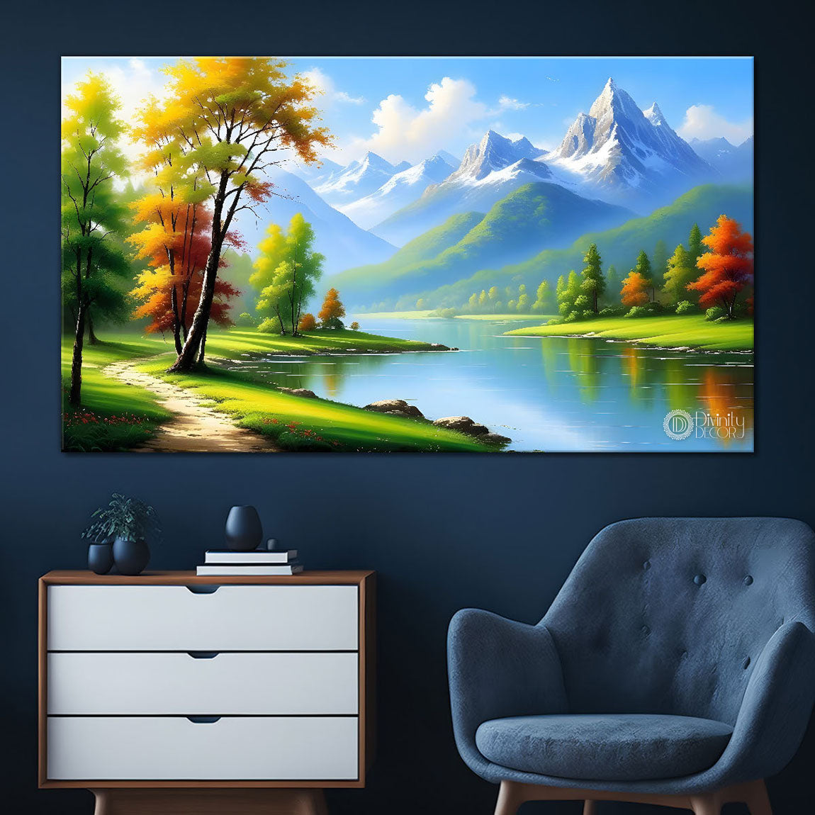 Mountains and trees with river painting Canvas Painting - Nature Art -479