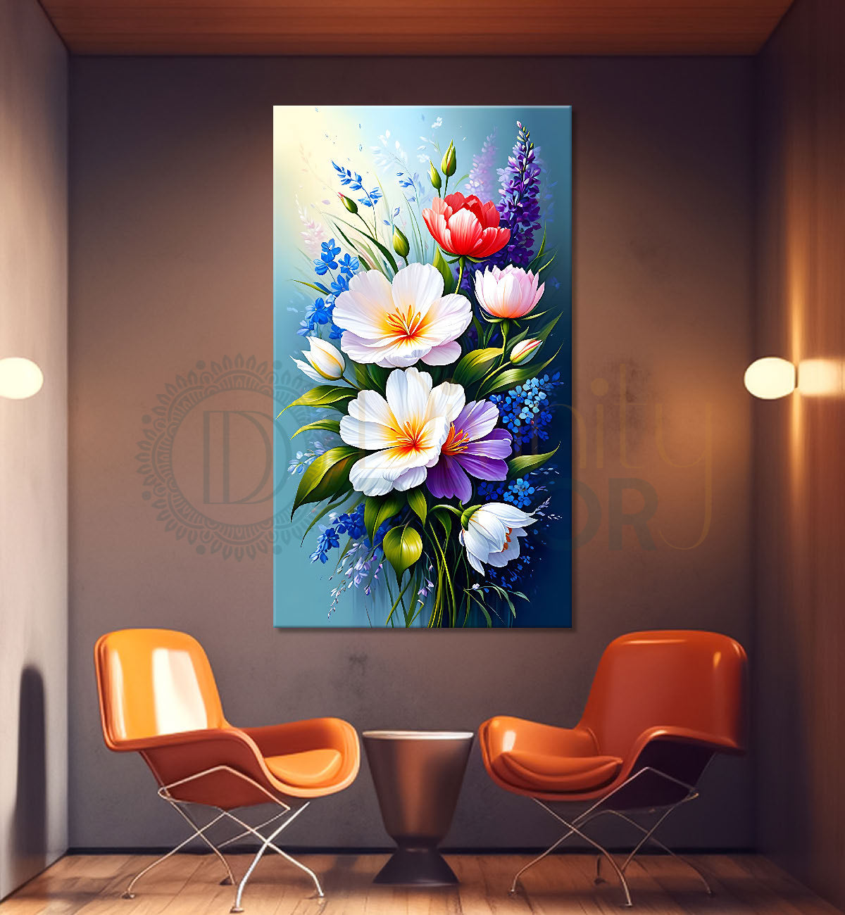 Colourful flowers in sky blue textured painting- Flower-V-479