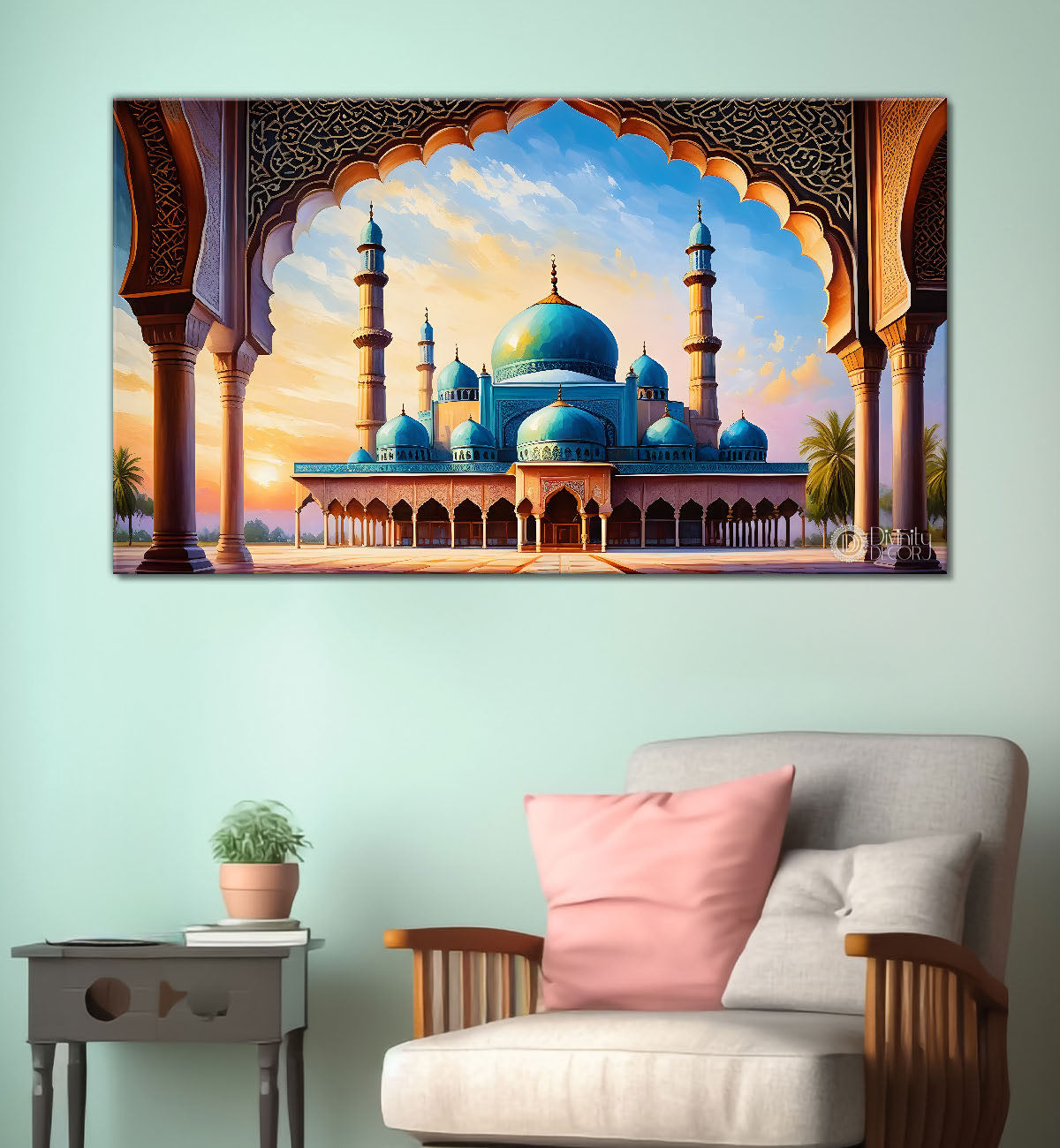 Beautiful Islamic mosque with sunset textured oil painting Canvas Painting - Islamic paintings - 48