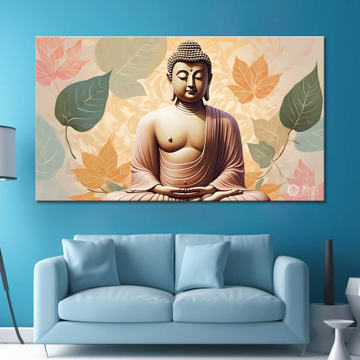 Golden buddha with green leaves and light background textured painting Canvas Wall Painting - Buddha-480