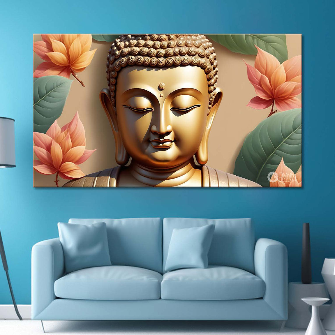 Golden buddha with the beautiful flowers background textured painting Canvas Wall Painting - Buddha-481