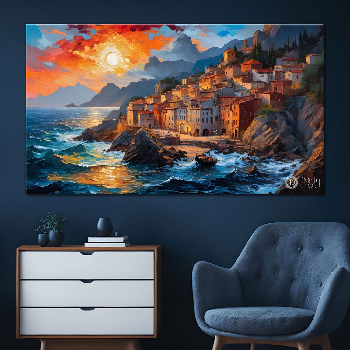 Houses on the mountains textured painting Canvas Painting - Nature Art -481