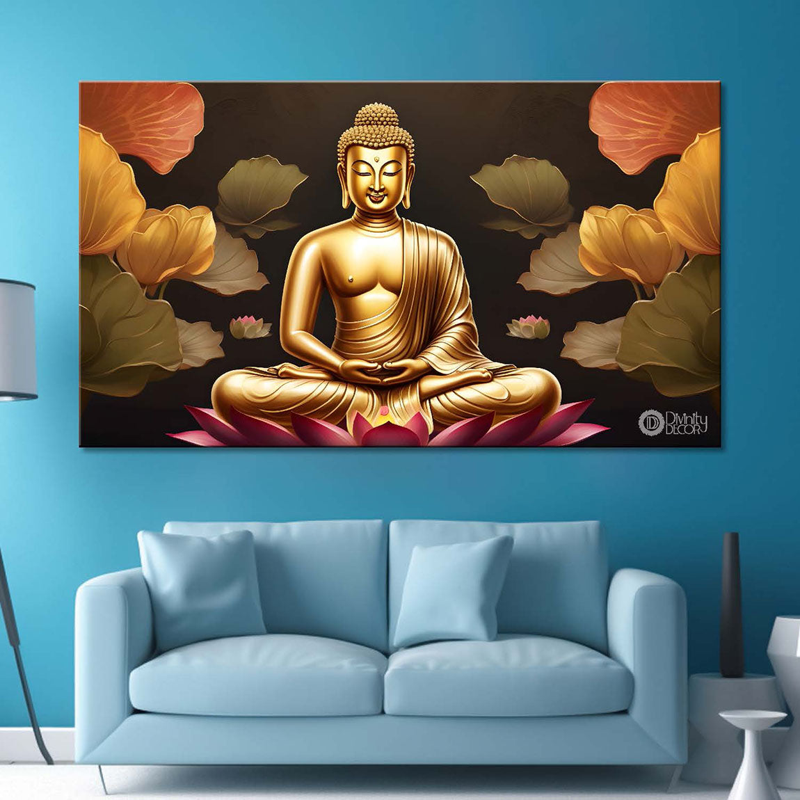 Golden buddha with the brown and beautiful flowers background textured painting Canvas Wall Painting - Buddha-482