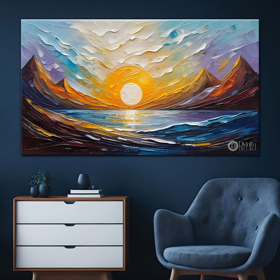 Sunrise with mountains and river painting Canvas Painting - Nature Art -482