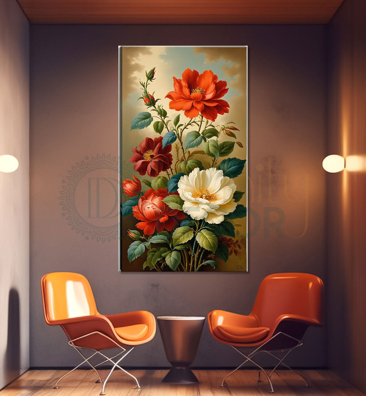 White and red flowers in light brown textured painting- Flower-V-482