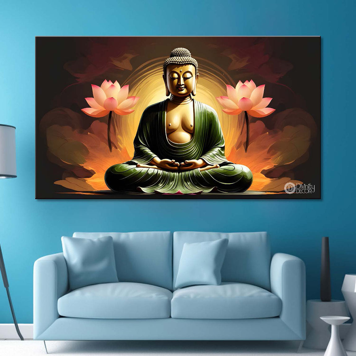 Golden buddha with the lotuses background textured painting Canvas Wall Painting - Buddha-483