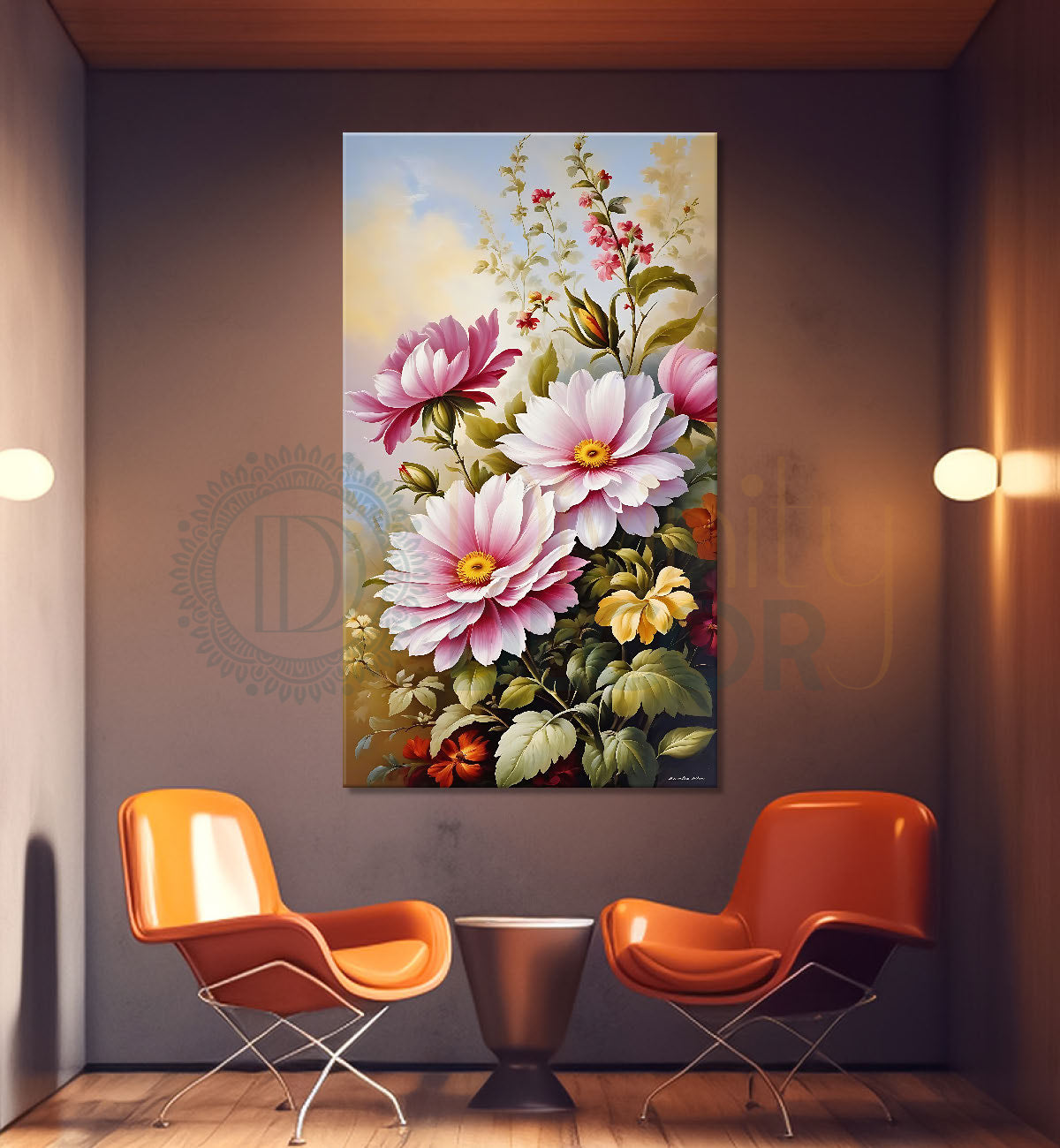 Pink flowers in grey textured painting- Flower-V-483