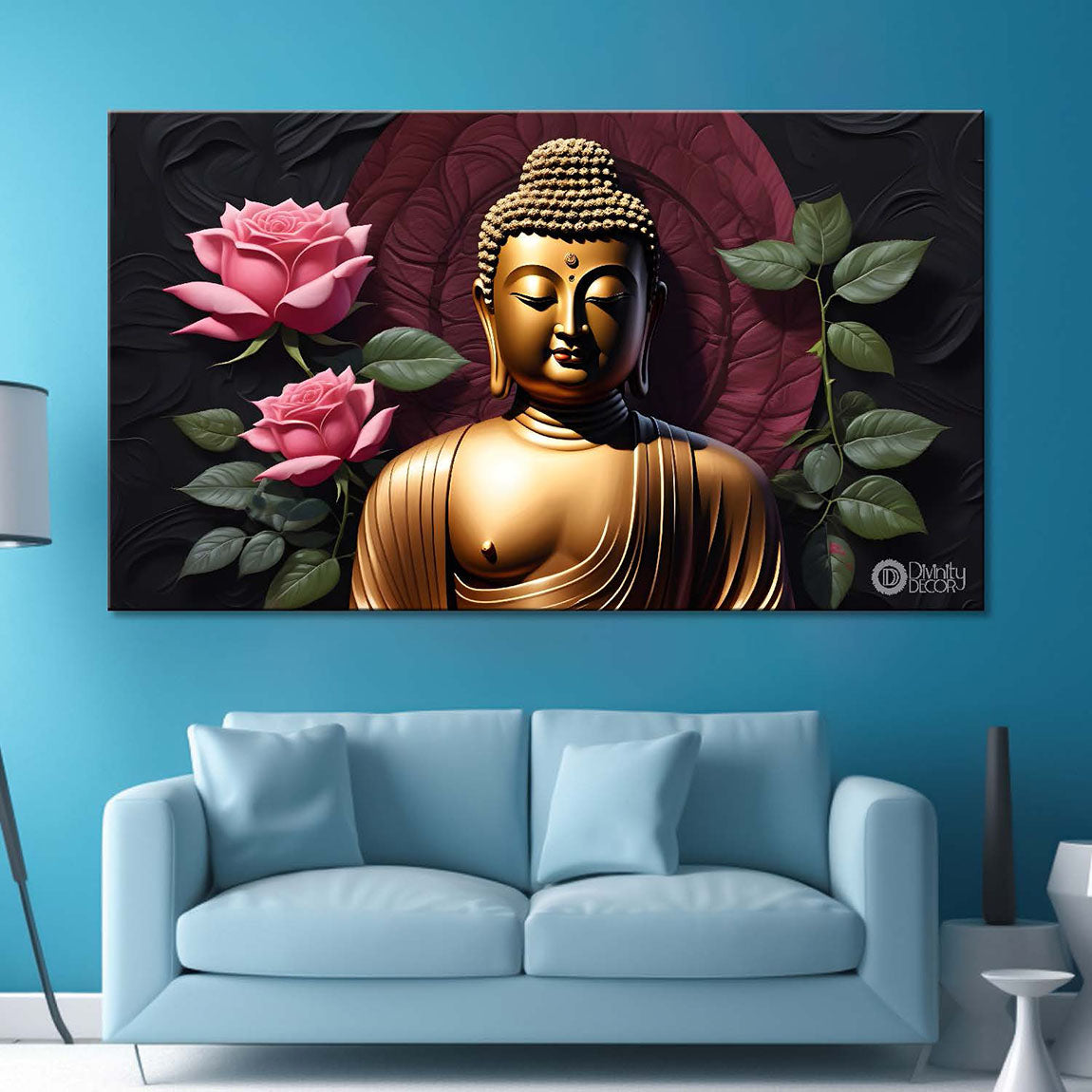 Golden buddha with the lotuses background textured painting Canvas Wall Painting - Buddha-484