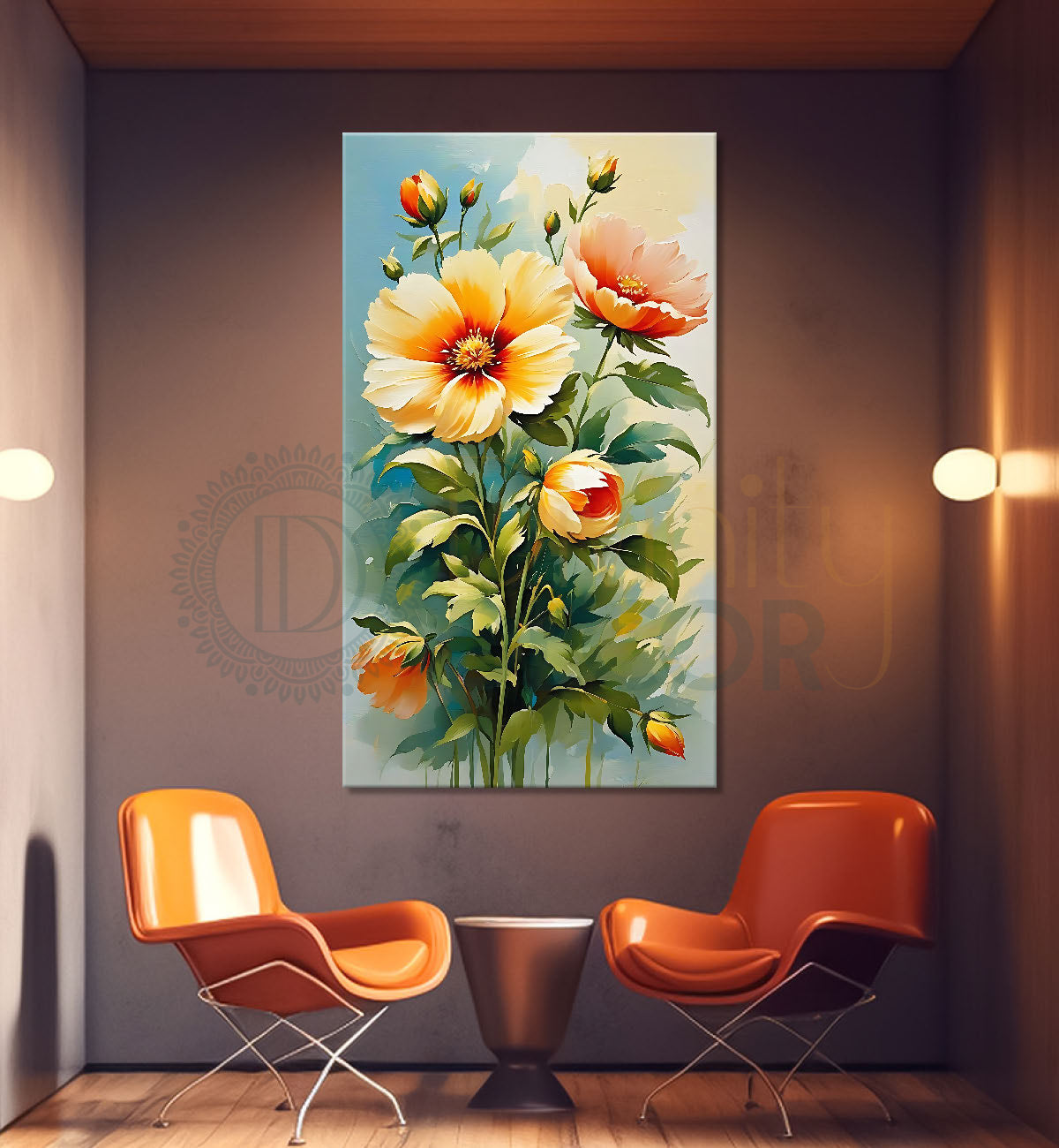 Yellow flowers in green textured background painting - Flower-V-485