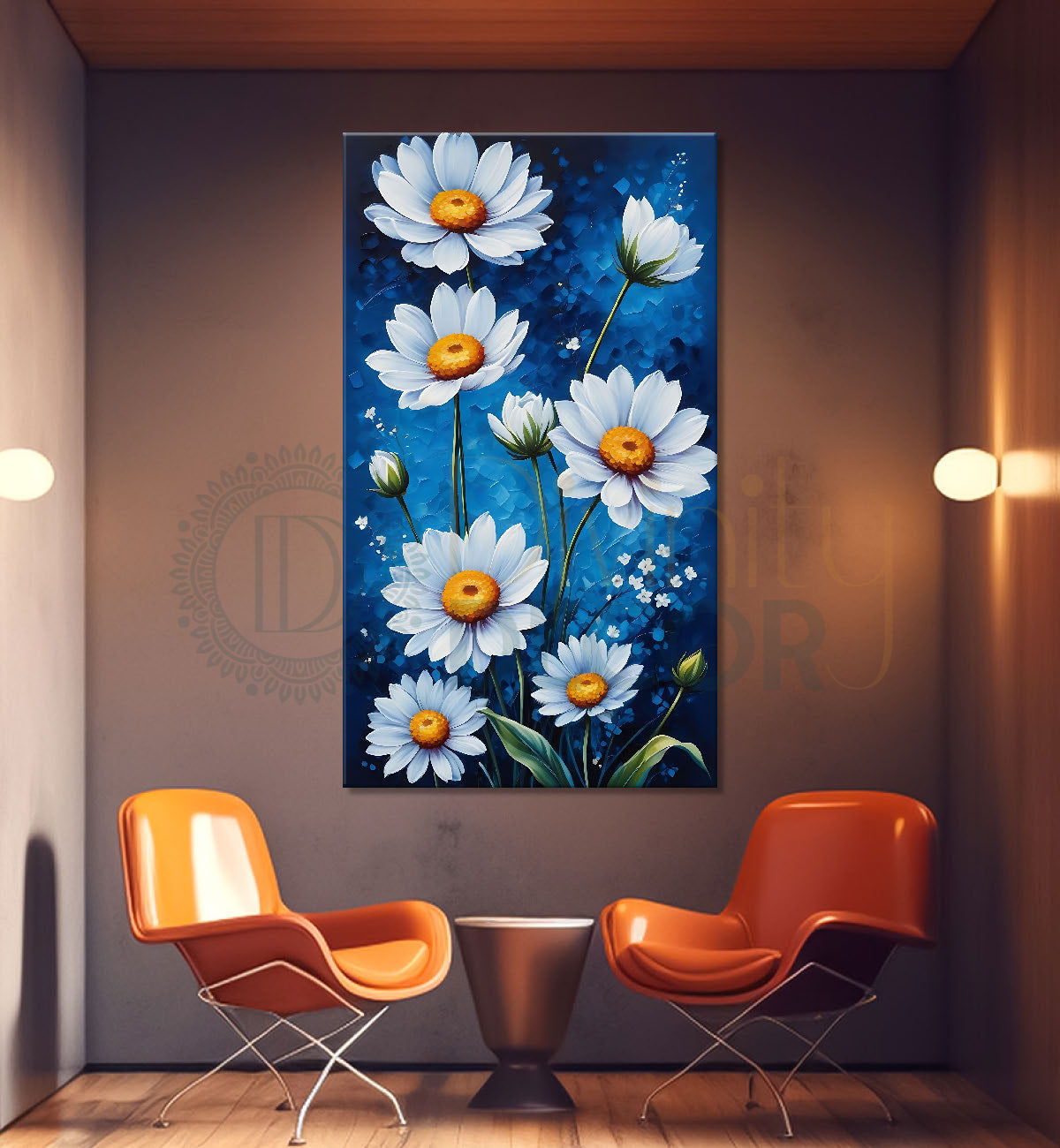 White flowers in navy blue background painting - Flower-V-486