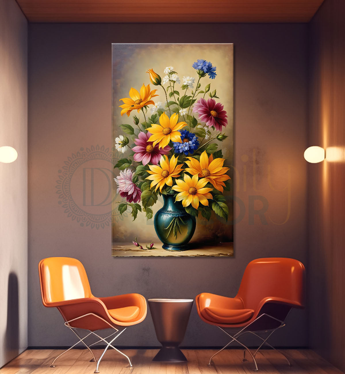 Yellow flowers in light brown textured painting - Flower-V-487