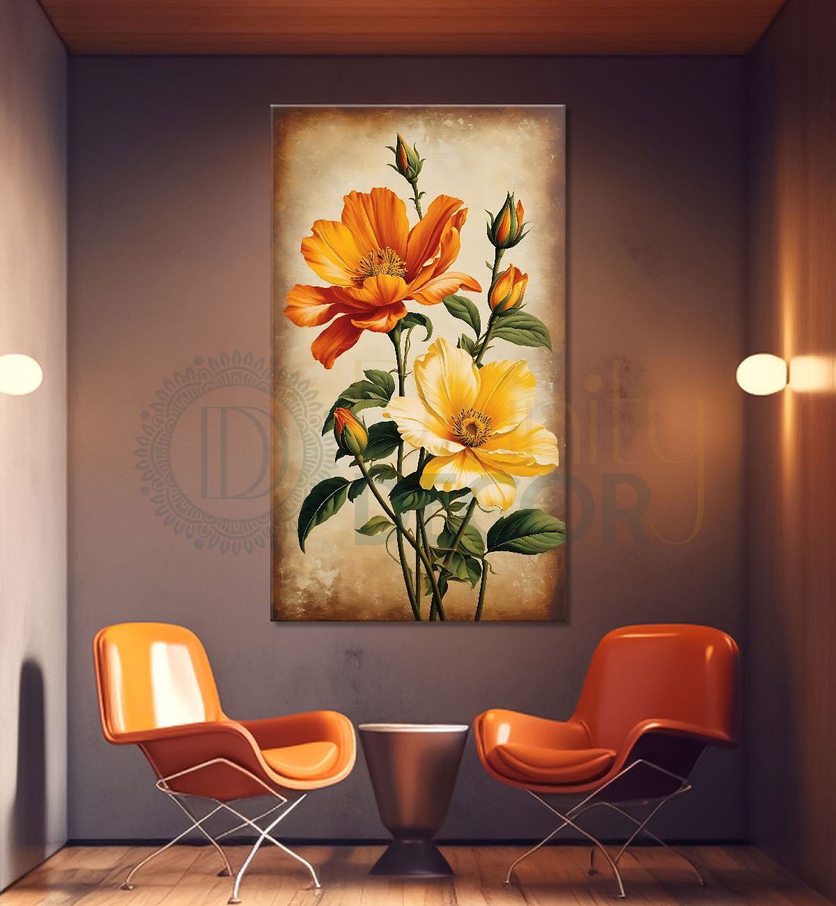 Yellow and orange flowers in light textured painting - Flower-V-488