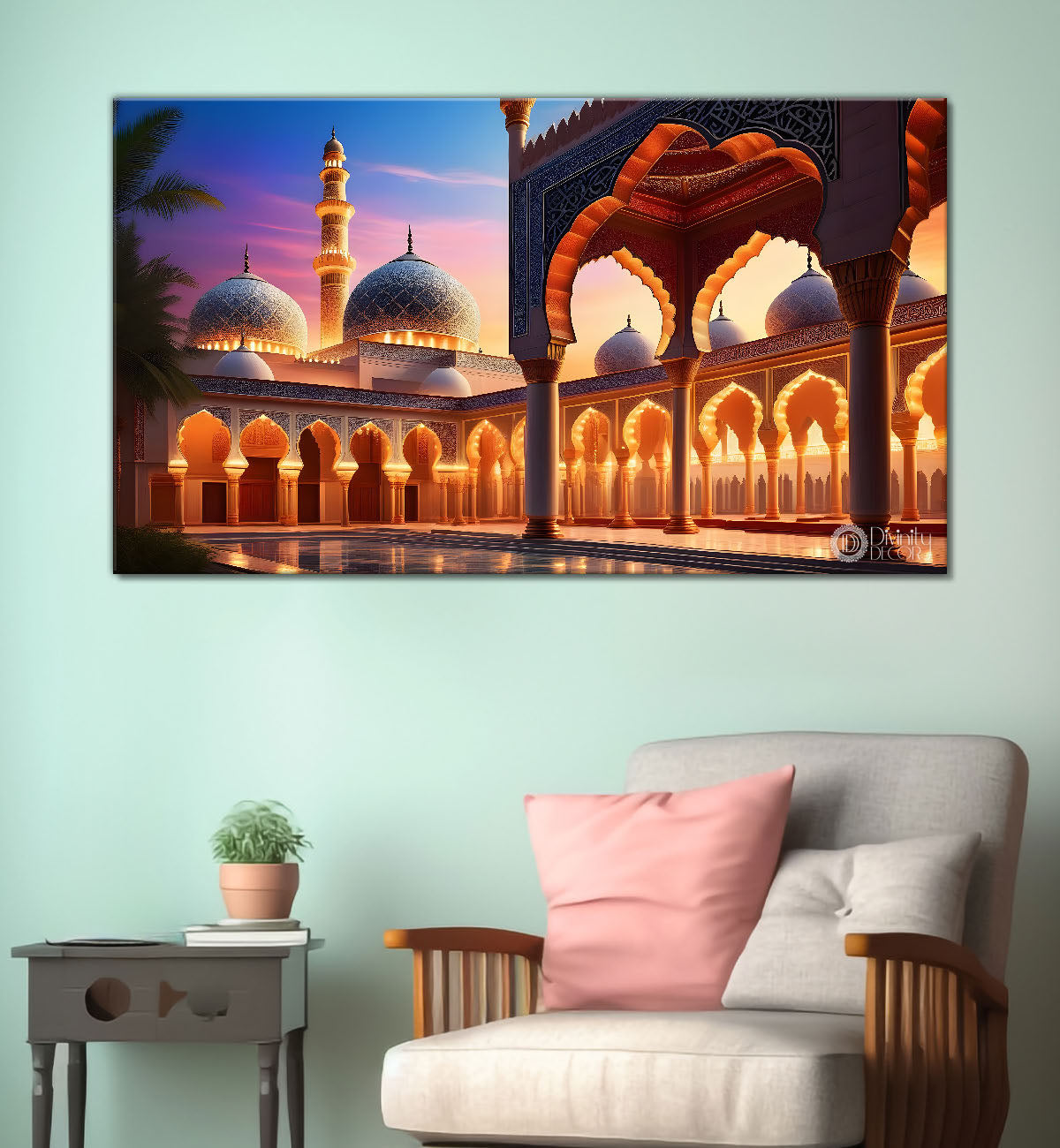 Beautiful Islamic mosque with sunset textured oil painting Canvas Painting - Islamic paintings - 49