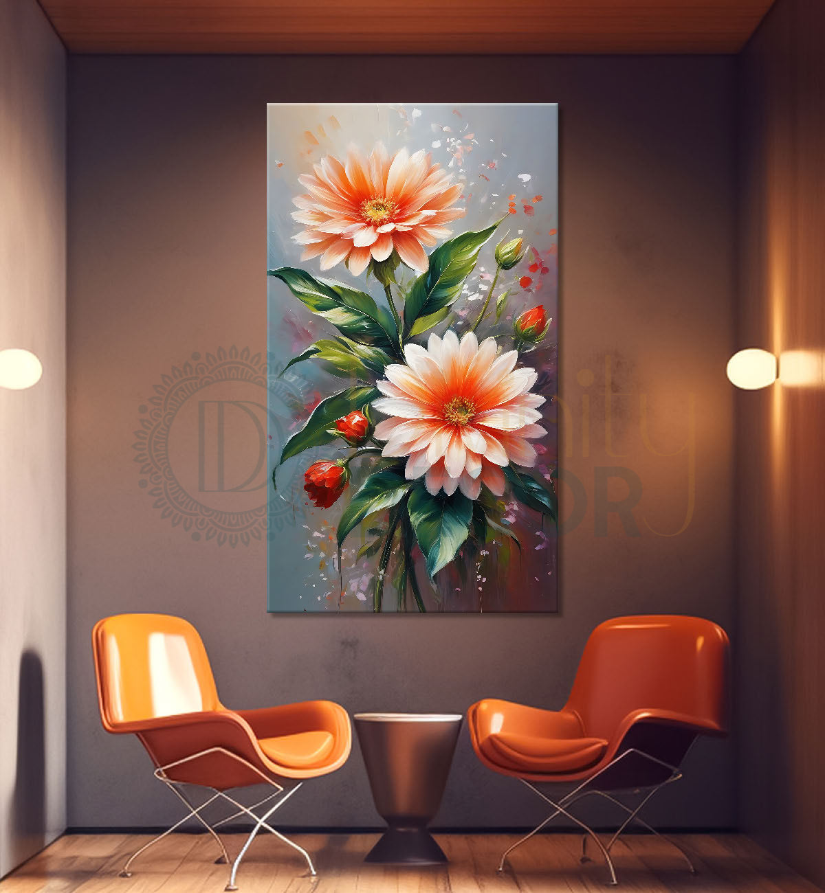 Pink flowers in grey textured painting- Flower-V-490