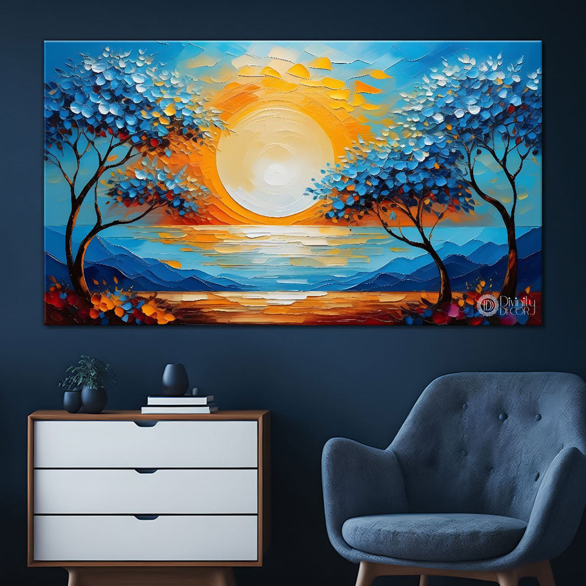 Sunset with river flowers painting Canvas Painting - Nature Art -490