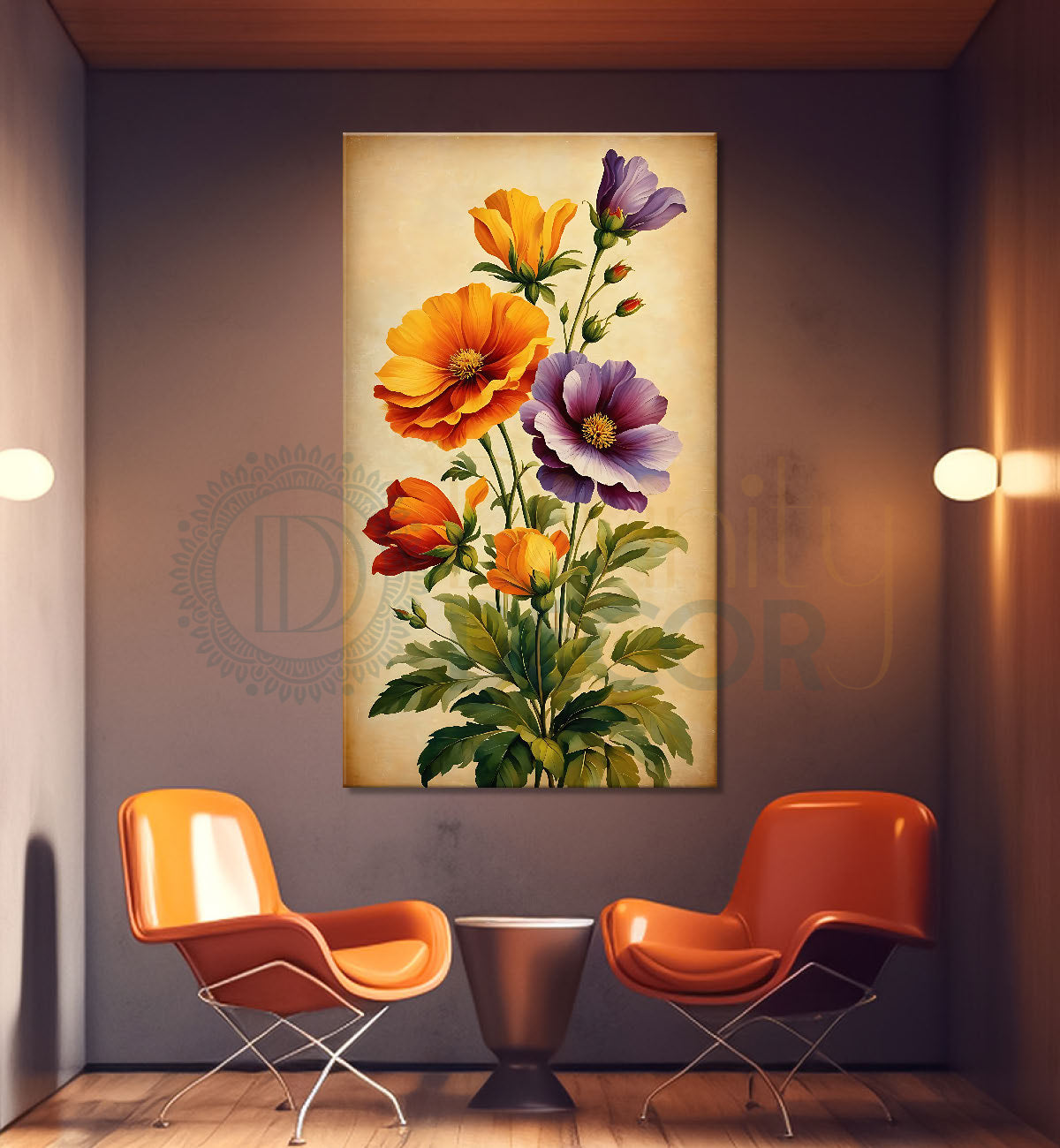 Colourful flowers  in light brown textured art- Flower-V-491