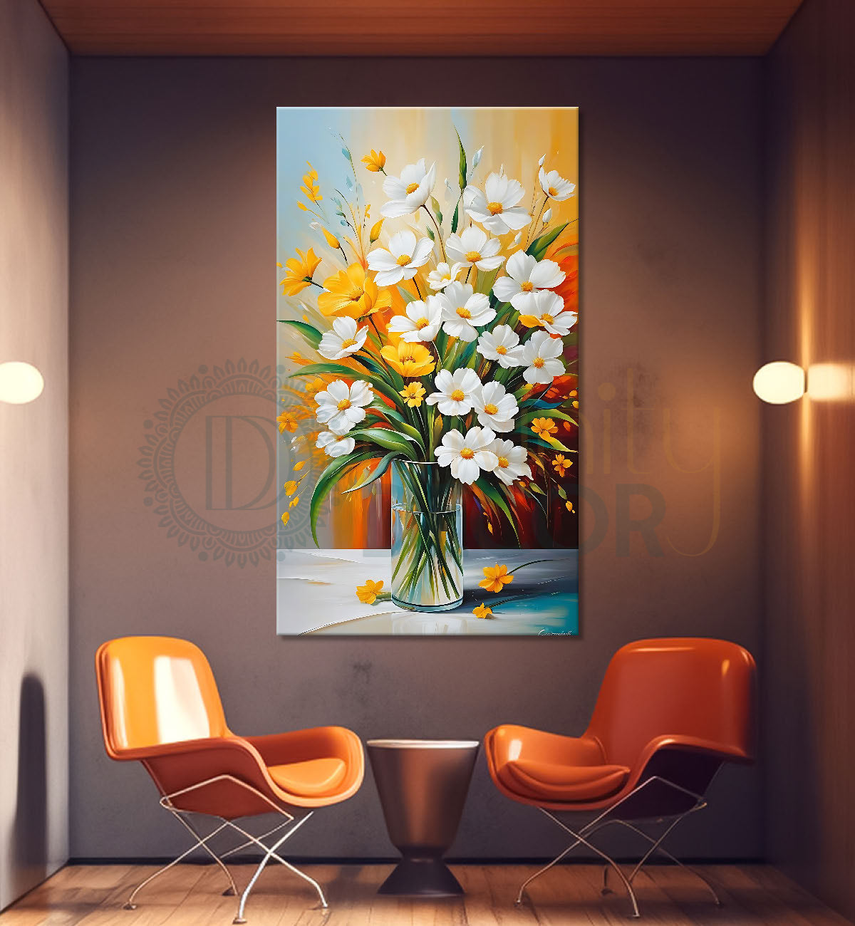 White flowers in a vas with colourful background - Flower-V-492