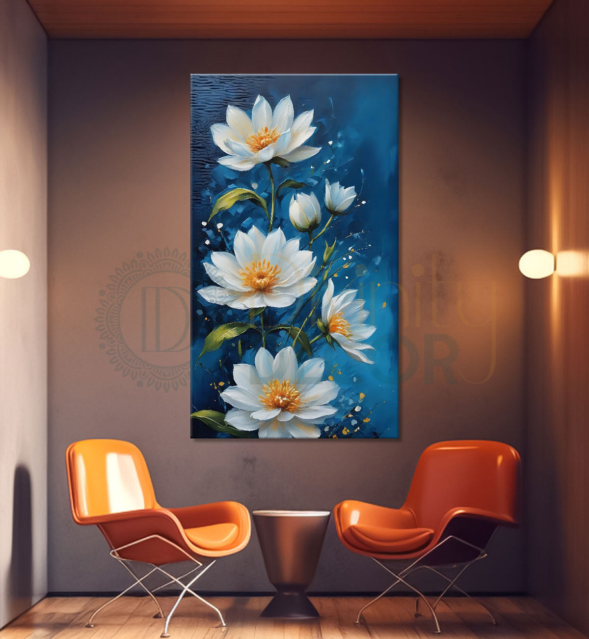 White flowers in navy blue background painting - Flower-V-494