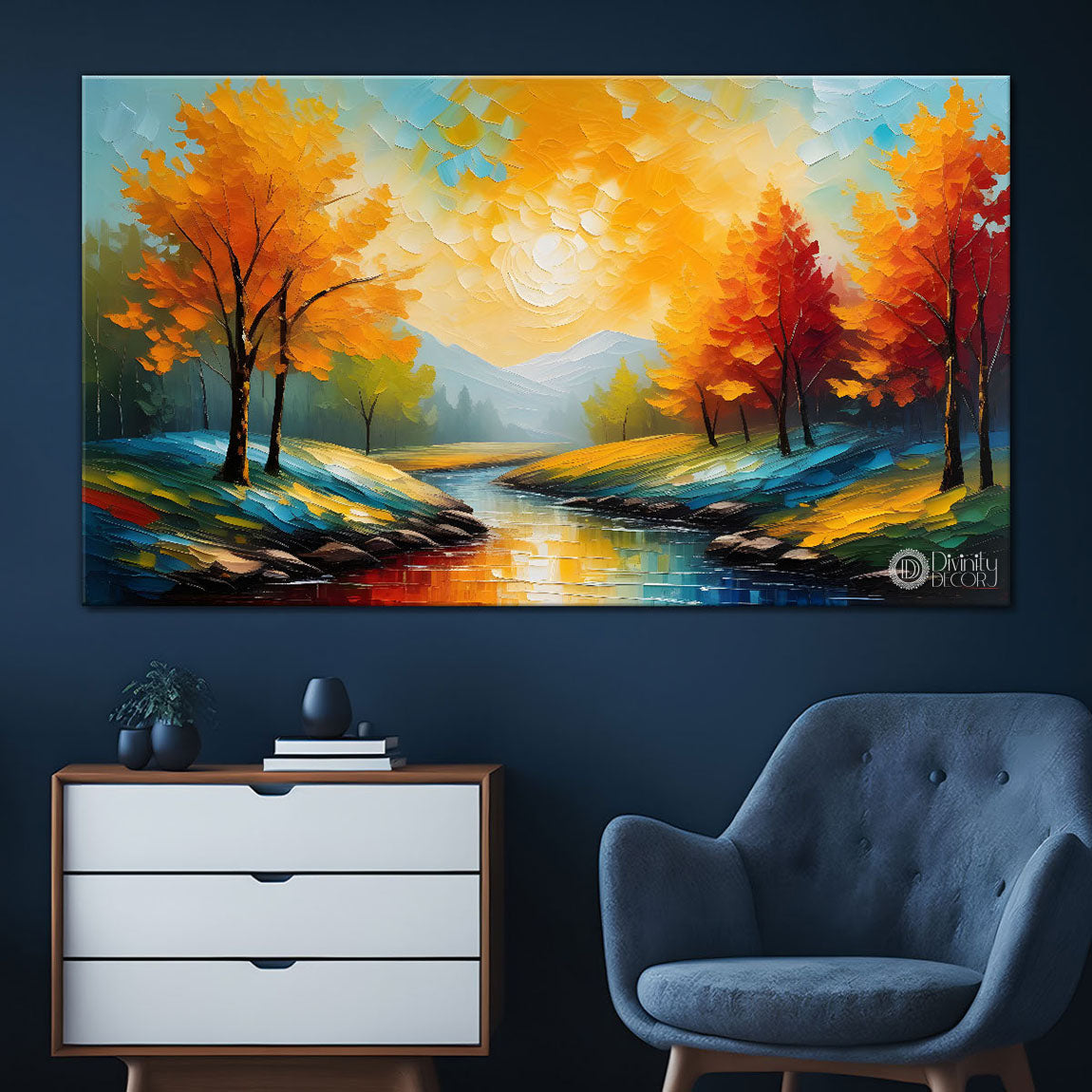 Orange trees with river painting art Canvas Painting - Nature Art -495