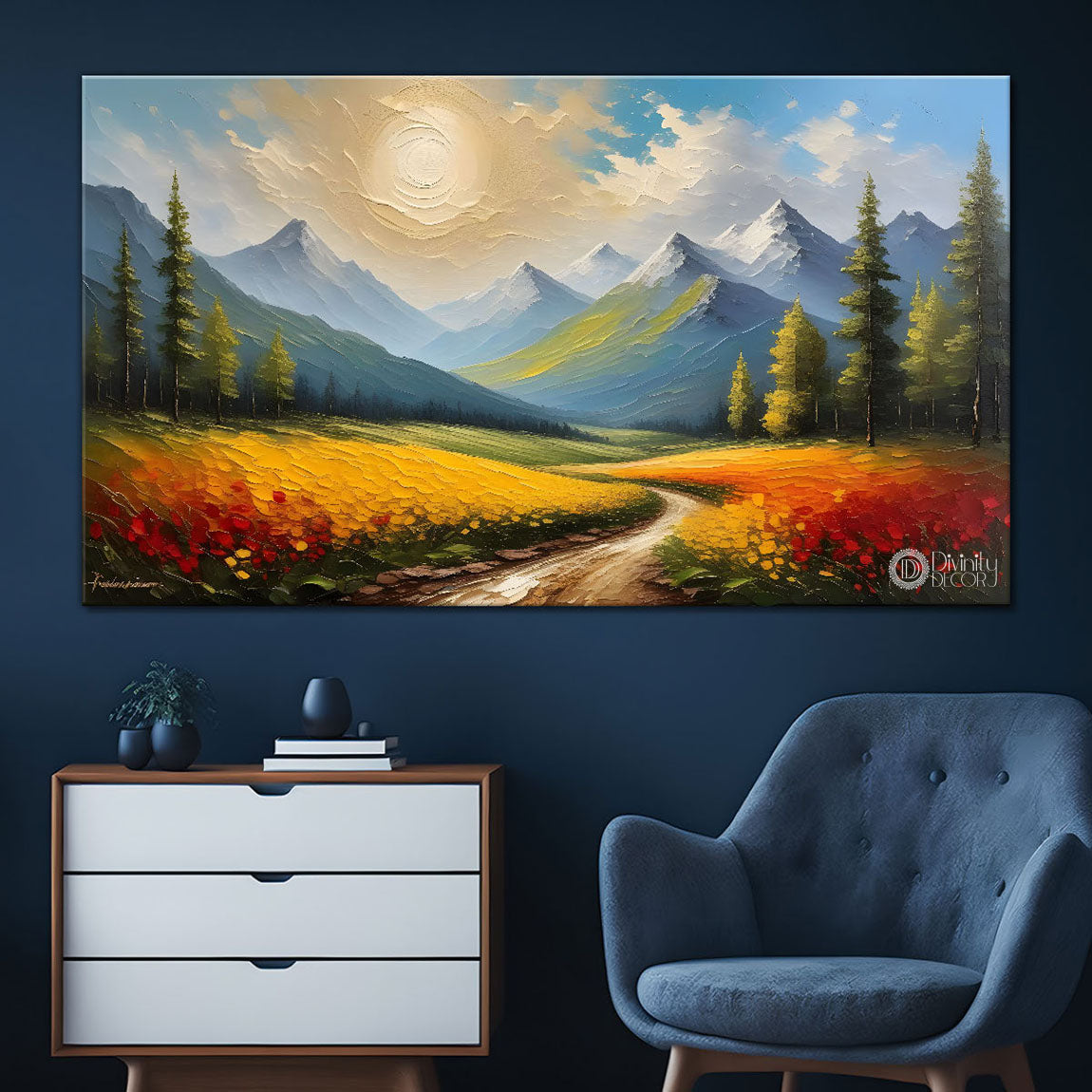 Mountains with tree and river painting Canvas Painting - Nature Art -497