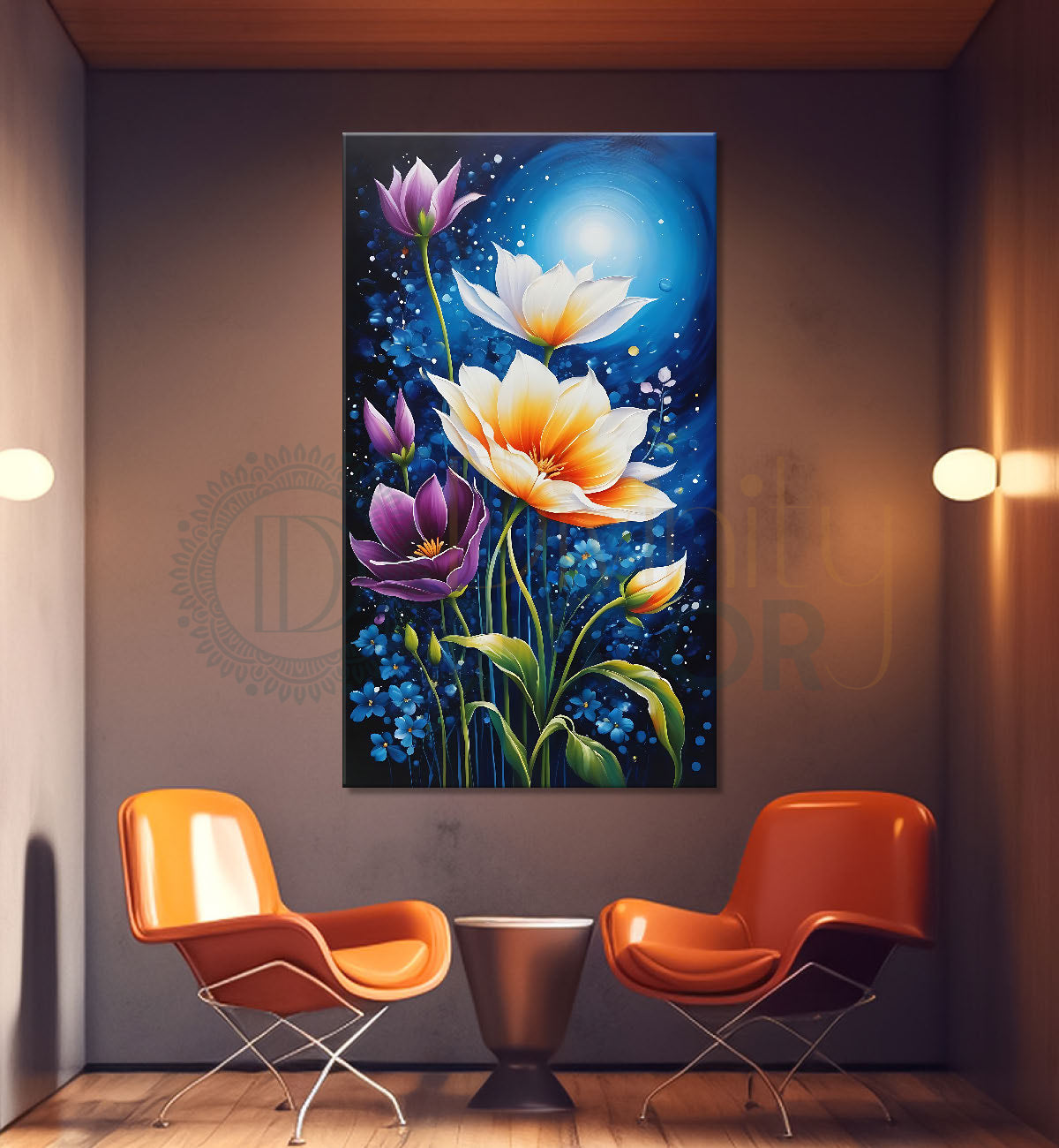 White flowers in navy blue background painting - Flower-V-497