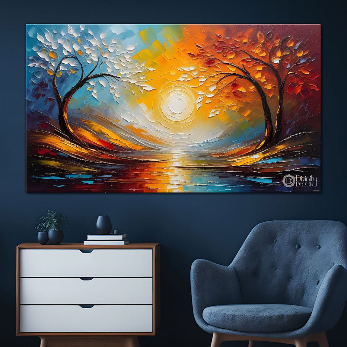 Colorful trees with river painting Canvas Painting - Nature Art -498